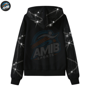 Custom Men's Full Zip Rhinestone Tracksuits Breathable Lightweight Polyester/Cotton Winter Hooded <b>Top</b> Sparkle <b>Crystal</b> Logo - Product Image 3