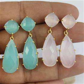 Pendientes Colgantes de Plata de Ley 925 con Calcedonia Rosa en Forma de Pera y Redonda, Diseño Moderno, Venta al Por Mayor - Product Image 2