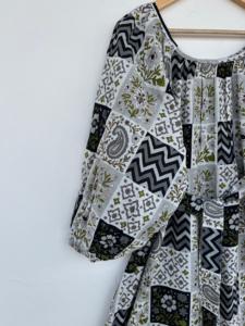 Robe longue maxi en coton imprimé patchwork pour femme, manches longues, ceinture à la taille, coupe trapèze, style bohème floral, décontractée, respirante, idéale pour l'été - Product Image 3