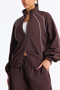 Women's brown windbreaker Waterproof Tracksuit set <b>Zipper</b> <b>Top</b> Jacket loose Pants white line piping windbreaker set modern women - Product Image 5