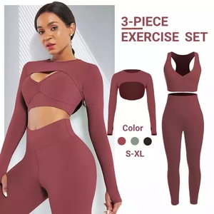 Ensembles de yoga 3 pièces, ensemble de fitness sexy, vêtements de sport, haut court à manches longues et pantalon de yoga taille haute, ensemble de yoga sans couture - Product Image 5
