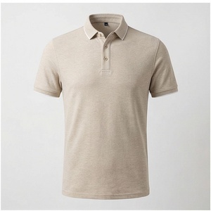 Polo en coton beige à manches courtes pour homme, coupe classique, tricot uni, design décontracté et respirant - Product Image 1