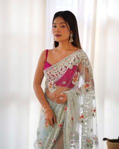 Sari Tradicional de Seda Verde Mar para Mujer, Largo hasta el Suelo, con Bordado Floral, Estilo India Pakistán, para Bodas - Product Image 6