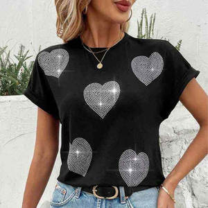 Camiseta de Mujer con Estampado de Flores en Forma de Corazón Rosa, Camiseta Sexy de Manga Corta para Mujer, Talla Grande - Product Image 3