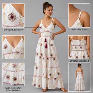 Women Boho Embroidered Cotton Maxi <b>Dress</b> – Sleeveless Smocked Waist Tiered Long <b>Dress</b> with Tassel Detail - Product Image 5