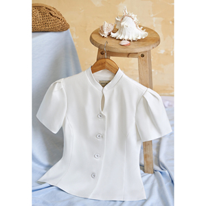 Blusa Elegante Blanca para Mujer con Cuello Mandarín y Abertura en el Escote, Estilo Peplum, para Oficina o Casual, Diseño Personalizado ODM OEM DORIS - Product Image 5