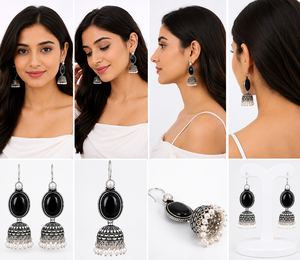 Pendientes Jhumka de Plata Oxidada con Perlas de Ónix Negro al por Mayor, Pendientes Colgantes Bohemios Étnicos Hechos a Mano para Mujer, Joyería de Moda India - Product Image 6