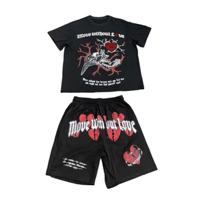 Ensemble T-shirt et short pour homme, noir, coton, ourlet brut, style streetwear, imprimé, tenue d'été, col rond, respirant - Product Image 1