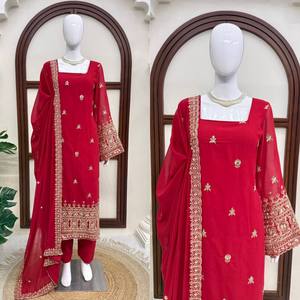 Lanzamiento del nuevo conjunto de fiesta de diseñador con top y pantalón de georgette sintético pesado con intrincados detalles de hilo y lentejuelas, y dupatta. - Product Image 3