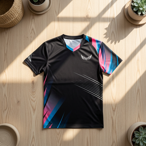 Camiseta de Tenis Sublimada de Manga Corta, Absorbente de Humedad, Transpirable, de Secado Rápido, Ajuste Atlético, Cuello en V Negro, Elástica y Ecológica - Product Image 6