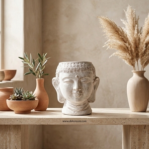 Pot de fleurs en terre cuite rustique blanc uni, fait main, en forme de tête de Bouddha, statue décorative en céramique, urne de table - Product Image 2