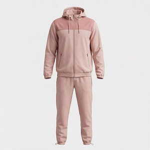 Unisex Pink <b>Tracksuit</b> Hooded Full Sleeve Solid Color Casual Sportswear With Side Pockets Zipper Fly Autumn Wear - Product Image 1
