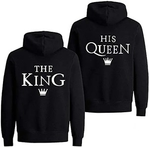 Sudadera con Capucha a Juego para Parejas, Modelo The King His Queen, Unisex, de Algodón, Estampada, Informal, Negra, Corte Regular, Estilo Otoñal - Product Image 4