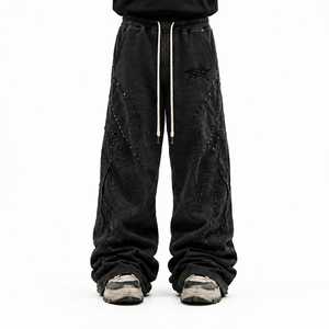 Ensemble de survêtement pour homme en coton 100% premium, sweat-shirt streetwear personnalisé et pantalon de survêtement large, broderie 3D oversize, effet délavé, OEM ODM - Product Image 3