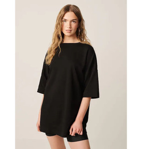 Women's Black <b>Oversized</b> <b>T</b>-<b>Shirt</b> 100% Cotton Three Quarter Sleeve <b>V</b>-<b>neck</b> Drop Shoulder Loose Fit Solid Color Breathable Knitted - Product Image 1