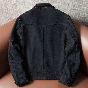 Veste en cuir de vachette suédée vintage pour homme, col rabattu, multi-poches, coupe classique, vêtement décontracté de style motard - Product Image 5