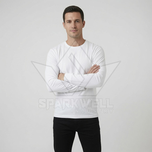Men's <b>Black</b> Long Sleeve T-<b>Shirt</b> Regular Fit O-Neck Knitted Solid Color Casual Wear Basic <b>Tee</b> 100% Cotton UPF 50+ 220g - Product Image 2