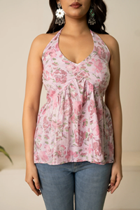Top Sukoon Sky Bloom con Cuello Halter, Estampado a Mano en Algodón para Mujer |   Ropa Casual de Verano, Tops Cómodos para el Día a Día - Product Image 5