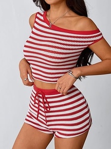 Women's Striped Knitted <b>Crop</b> <b>Top</b> And Shorts Set Off Shoulder Sleeveless Drawstring Waist <b>Red</b> White Two Piece Outfit - Product Image 3
