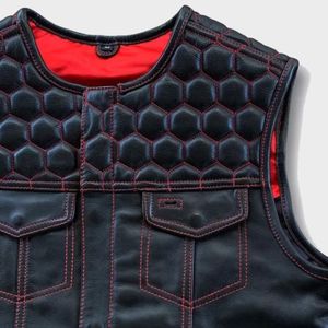 Gilet de motard en cuir matelassé style denim rouge avec surpiqûres, pour homme, Hunt Club Honey Grill - Product Image 4