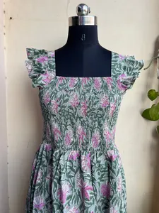 Robe longue en coton indien imprimé bloc à la main col carré motif floral Style décontracté robe sans manches à bretelles réglables - Product Image 5