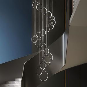 Modern Black LED <b>Chandelier</b> with 20 Ring High Ceiling 3000K CCT <b>Light</b> Fixture for Foyer Staircase Entryway Bar Remote Accessible - Product Image 1
