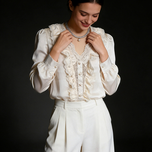 Ventes flash sur Temu |   Chemise élégante pour femmes à col en V, à volants et à dentelle, à manches longues, boutonnée, décontractée, pour les occasions spéciales, le bureau ou les sorties - Product Image 1