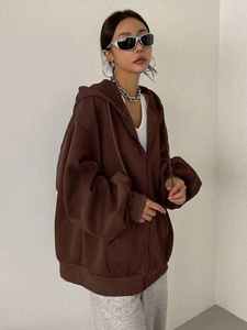 Sudadera con capucha marrón extragrande con cremallera para mujer, de hombros caídos, de forro polar, anti-bolitas, transpirable. - Product Image 5