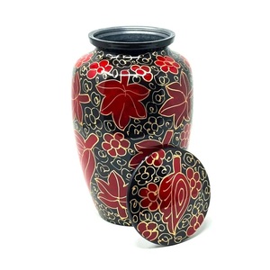 Urne funéraire noire ornée avec motifs floraux cramoisies, corps incurvé, couvercle sécurisé, conteneur de rangement pour cendres commémoratives - Product Image 3