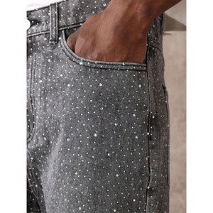 Custom <b>Black</b> Rhinestone Denim <b>Shorts</b> Men Raw Hem Summer Streetwear High Street Hip Hop Crystal Stud <b>Jeans</b> Jorts Unisex Elastic - Product Image 4
