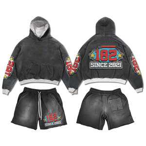 Heavyweight 420 GSM washed cotton fleece hoodie <b>short</b> set faded blue black <b>patch</b> Hoodie <b>Short</b> Set <b>men's</b> - Product Image 3