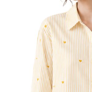Camisa de Mujer a Rayas Amarillas y Blancas con Botones, Blusa de Algodón de Manga Larga con Bordado de Corazón, Ajuste Holgado, Estilo Casual, Top Oversize - Product Image 3