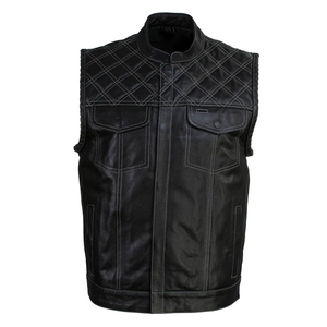 Gilet moto en cuir véritable pour homme, col montant, empiècements matelassés, poches, couleur unie, veste en cuir à prix avantageux - Product Image 5