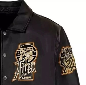 Blouson aviateur en cuir noir pour homme, col rabattu, patch brodé, manches classiques, idéal pour l'automne - Product Image 3