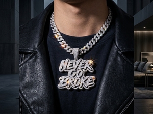 NEVER GO BROKE Colgante de Letra Personalizada de Moissanita VVS1 con Corte Brillante, Plata de Ley 925, Estilo Hip-hop, Amuleto de Alta Visibilidad Unisex - Product Image 2