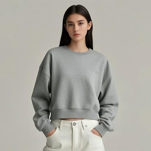 Women's Green <b>Cropped</b> Crewneck Sweatshirt Full Sleeve Solid Color Knitted Casual <b>Top</b> Cotton/Bamboo Fiber Autumn Embroidery Front - Product Image 4