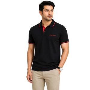 Premium Black Mens Polo <b>Shirt</b> With Red Contrast <b>Collar</b> And Sleeve Trim Custom Logo Short Sleeve Casual Golf Sportswear <b>T</b> <b>Shirt</b> - Product Image 1