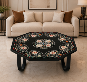 Table basse Art Déco en marbre noir fait main avec incrustations de pierres semi-précieuses pour mobilier de salon de luxe, occasions de Diwali et de séparations - Product Image 1