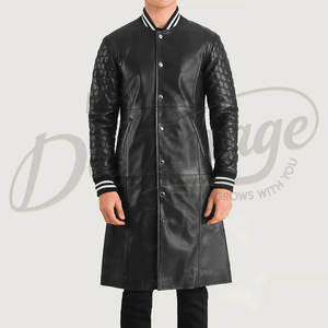Manteau long en cuir véritable noir pour homme, style varsity, avec manches matelassées et poignets côtelés rayés, manteau en cuir de qualité supérieure - Product Image 3