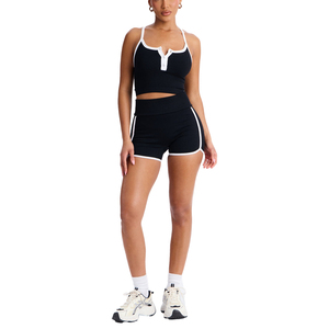 Ensemble sportif côtelé 2 pièces pour femme, noir et blanc, avec haut court dos nu et short au-dessus du genou, respirant, en Spandex et Polyester, Printemps-Été - Product Image 3