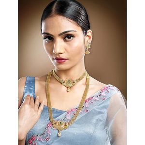 Ensemble collier et boucles d'oreilles en alliage plaqué or 24 carats avec zircon et perles, bijoux de mariage traditionnels pour femmes, forme cloche classique - Product Image 5