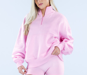 Sweat-shirts à col montant pour femmes, rose bonbon, en molleton de coton, avec fermeture éclair quart, coupe oversize, confortables, qualité supérieure, vente en gros, logo personnalisé - Product Image 1