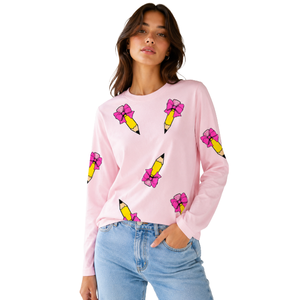 White Custom <b>Sequin</b> Embroidery Back to School Crew Neck Loose Fit Cotton Casual Spring/Summer Women's <b>T</b>-<b>shirt</b> Fit for All Season - Product Image 2