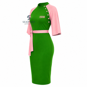 Alfa |   Kapa |   Vestido Midi Ajustado Alpha para Mujer, Verde y Rosa, con Bloques de Color en Contraste, Manga Capa, Detalle de Botones y Lazo en la Cintura - Product Image 2