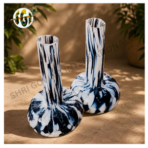 Ensemble de vases en verre artisanaux modernes, design marbré bleu et blanc, décoration contemporaine pour la maison, pot à fleurs pour plantes - Product Image 1