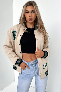 Beige Women's Varsity Jacket Long Sleeve Stand Collar Letter Patch <b>Button</b> Front Autumn <b>Coat</b> - Product Image 4