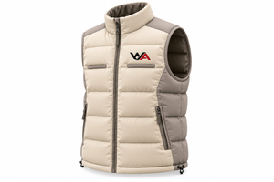 Chaleco Acolchado Beige para Hombre con Logotipo Personalizado, Impermeable, Cuello Alto, Bloques de Color, Sin Mangas, Chaleco de Invierno, Venta al por Mayor OEM - Product Image 3
