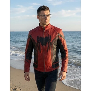 Blouson de motard en cuir rouge et noir personnalisé, blouson de course moto avec motif araignée embossé, col montant, fermeture éclair, streetwear OEM - Product Image 4