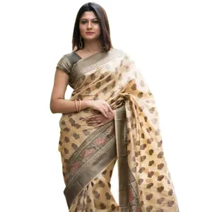 Commercio all'ingrosso 2023 speciale Khadi tradizionale stampato quotidiano indossare cotone lino bella sari Party Wear camicetta sari di seta