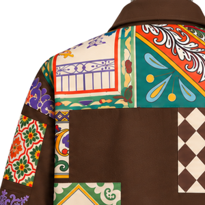Veste de travail marron chocolat à motifs floraux multicolores, patchwork, boutonnée sur le devant, style streetwear décontracté avec poches utilitaires - Product Image 6